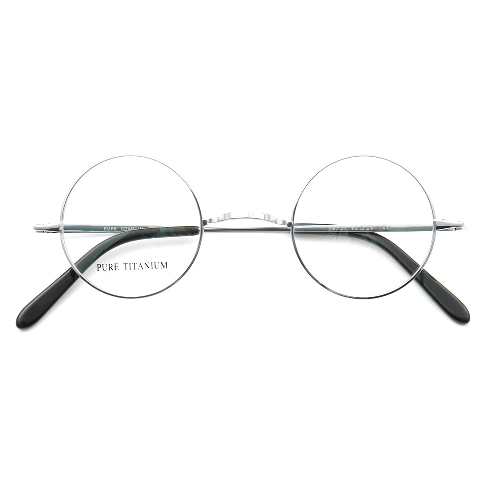 Front view of silver retro round titanium glasses