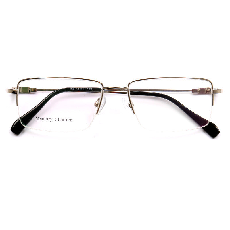 A pair of silver rectangular memory metal eyeglasses